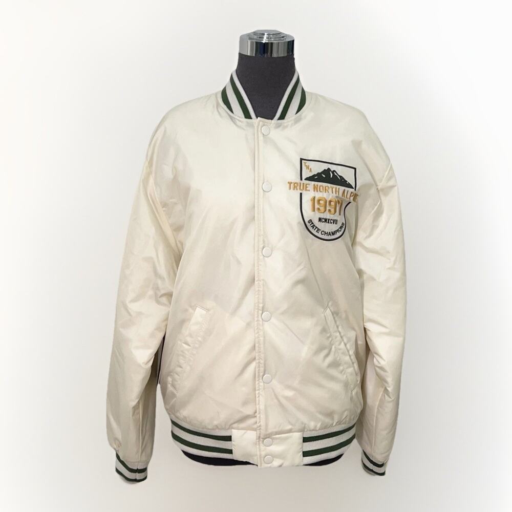 NWT TNA Artizia Stadium Jacket Womens S White Snap Button Embroidered